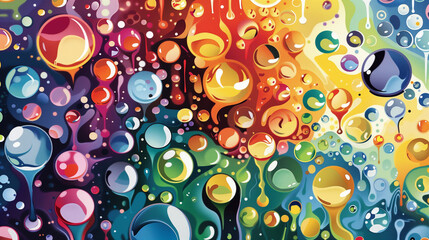 A painting featuring a multitude of bubbles in various vibrant colors, creating a dynamic and lively scene. Background, backdrop, wallpaper.