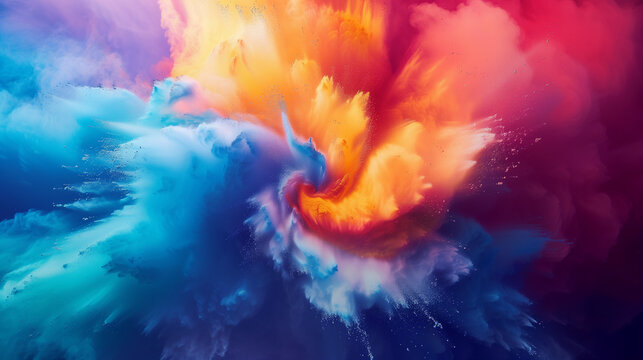 A vibrant clash of blue and orange Holi powders mid-air. Background, backdrop, wallpaper.