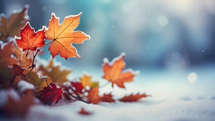winter landscape background with red maple leaves empty space for text AI generated  