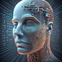 Abstract digital human face. Artificial intelligence concept of big data or cyber security. 3D illustration -- generated by ai
