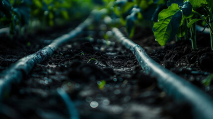 Fototapeta premium A macro view of the drip irrigation systems tubing carefully laid out in rows alongside vegetable beds. The dark soil contrasts with the bright tubing demonstrating the organized