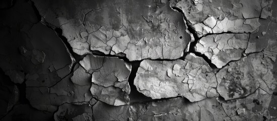 A black and white scene showcasing a textured, cracked wall with intricate patterns running through the surface. The cracks appear deep and jagged, adding a sense of wear and decay to the overall