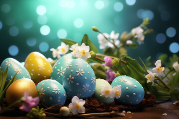 Obraz na płótnie Canvas Happy Easter. Congratulatory easter background. Easter eggs and flowers