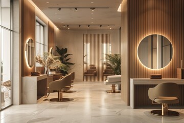 Hair salon interior with mirrors and wooden elements
