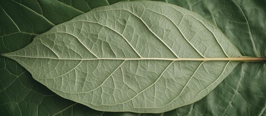 A close-up view of a single teak leaf lying on a vibrant green surface. The intricate details of the leafs texture are prominently displayed, showing veins and patterns in vivid clarity.