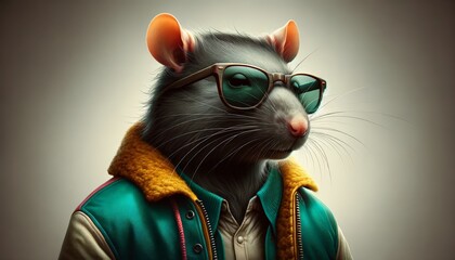 Naklejka premium A stylish urban rat character wearing sunglasses and a high-collar jacket, symbolizing modern sophistication, ideal for character design and lifestyle branding.
