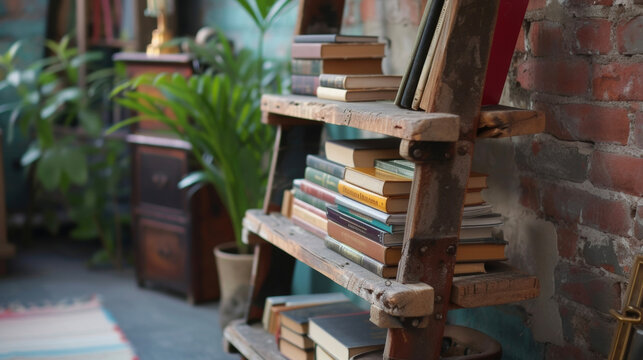 An old ladder has been transformed into a unique and functional bookshelf with each step serving as a shelf for books and decor.