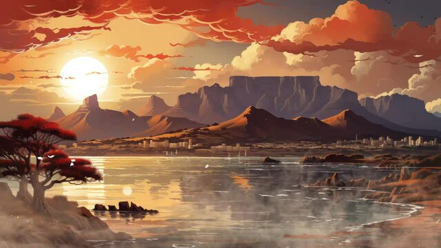 poster cape town table mountain backdrop coastal. seamless looping overlay 4k virtual video animation background 