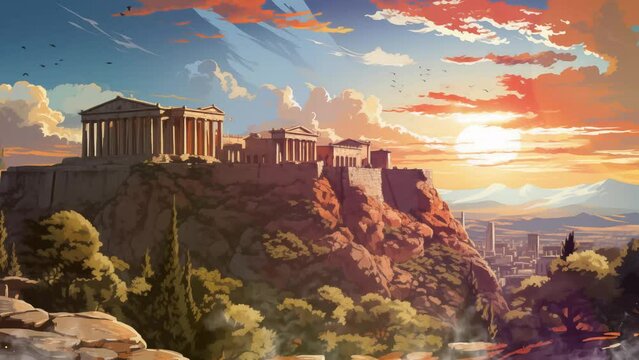 poster acropolis ancient ruins flat illustration. seamless looping overlay 4k virtual video animation background 