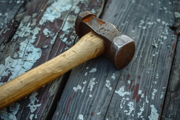 Hammer on an old wooden background