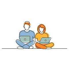 minimalist line art drawing colored man and woman sitting on the ground with laptops, back to back. White background.