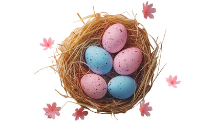 easter eggs in a basket of straw isolated	