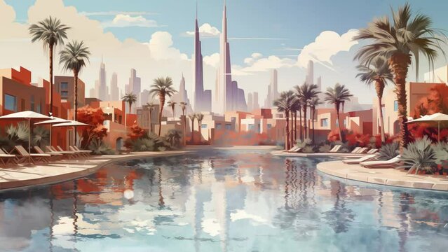 poster modern architecture desert landscape. seamless looping overlay 4k virtual video animation background 