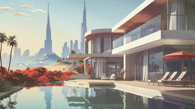 cartoon anime illustration concept.  poster modern architecture desert landscape. seamless looping overlay 4k virtual video animation background 