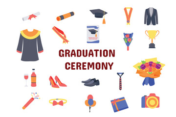 Graduation Ceremony Flat Vector Illustration Icon Sticker Set Design Materials - obrazy, fototapety, plakaty