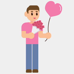 Illustration vector graphic design of a man giving flowers and heart baloon. Can be used for valentine event illustration, date and love picture, gift decoration, sticker, etc.