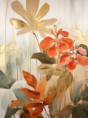 A colorful painting featuring detailed flowers and leaves, adorning a wall in a lively and decorative display.