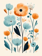 A painting featuring vibrant blue and orange flowers set against a clean white background. This printable wall art adds a pop of color to any space.