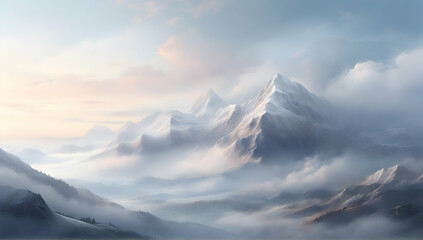 Majestic view of the mountains in the early morning. Mist is swirling around the slopes, mysterious atmosphere. Simple and elegant style, with soft colors and shapes. - obrazy, fototapety, plakaty