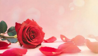 Red rose and roses petals Valentine's day banner