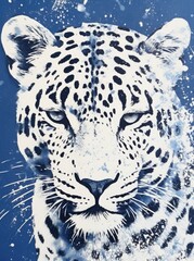 A realistic depiction of a majestic snow leopard painted against a vibrant blue background, showcasing the beauty and grace of this stunning big cat.