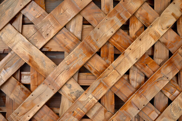 A complex, overlapping arrangement of wooden planks in a diagonal crisscross pattern - obrazy, fototapety, plakaty