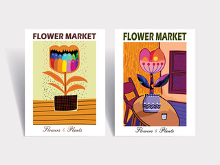 Flower market poster vector illustration hand drawn. Abstract floral art modern digital print for cards, wall decor, poster,cover, art print.