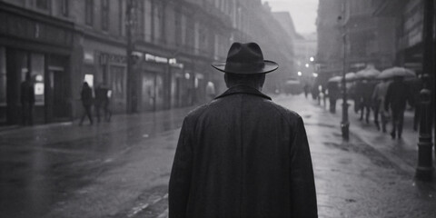 Man from back with hat in the rain on the street. Black and white frame. Vintage style.