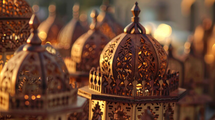 Intricately carved wooden lanterns known as fanoos line the streets adding a warm glow to the city...