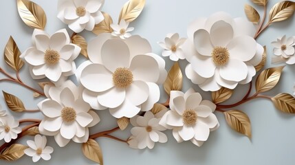 Fototapeta na wymiar Paper flowers and golden leaves abstract background with white floral botanical wallpaper 3d render
