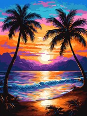 A painting depicting two palm trees standing tall on a sandy beach, with the ocean in the background under a clear blue sky.