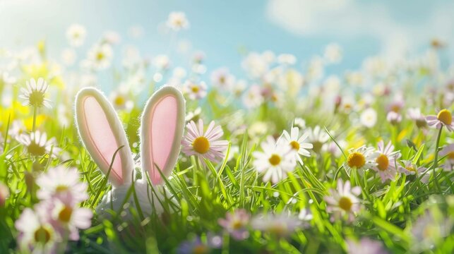 Bunny ears with flowers background in Easter greeting card