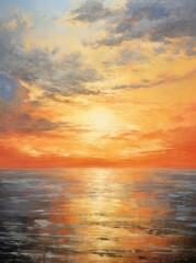 Naklejka na ściany i meble A painting depicting a vibrant sunset casting warm hues over the ocean, with the sun dipping below the horizon and reflecting on the water.