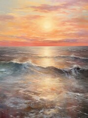 Obraz premium A painting depicting a vivid sunset casting warm hues over the ocean, with the sun dipping below the horizon and reflecting on the water.