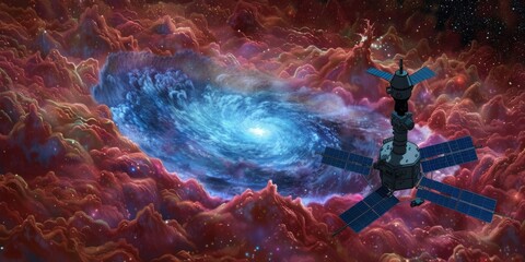 Cosmic Vista of Satellite Orbiting a Nebula, Illustrating the Vastness and Mystery of Space Exploration