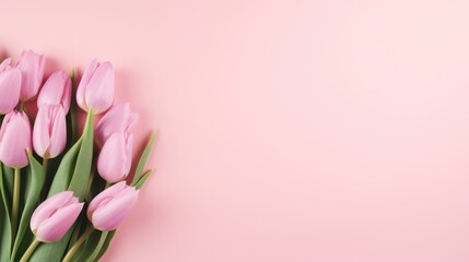 Pink tulip flowers on pink background with copy space