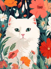 A white cat is seated among a colorful field of flowers, showcasing a serene moment amidst natures beauty.