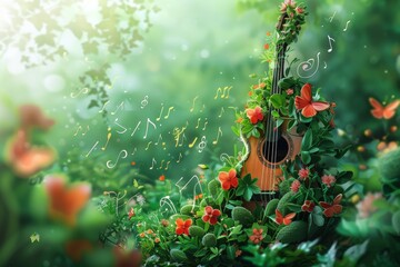 A classic guitar entwined with vibrant flowers and floating musical notes creates a magical...