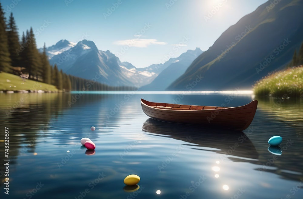 Wall mural Illustrate a serene lakeside scene with Easter eggs floating on the water like boats