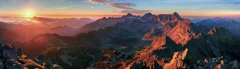 aerial view of mountains at sunset - 743320594