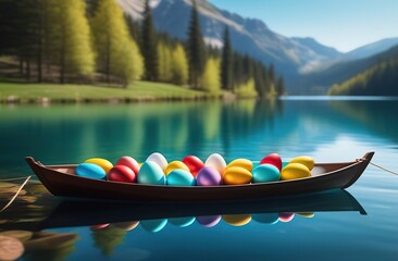 Illustrate a serene lakeside scene with Easter eggs floating on the water like boats
