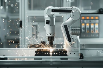 Industrial robot arm performing welding on a metal part in a workshop.