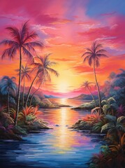 Fototapeta na wymiar A painting depicting a vibrant tropical sunset with towering palm trees silhouetted against the colorful sky.