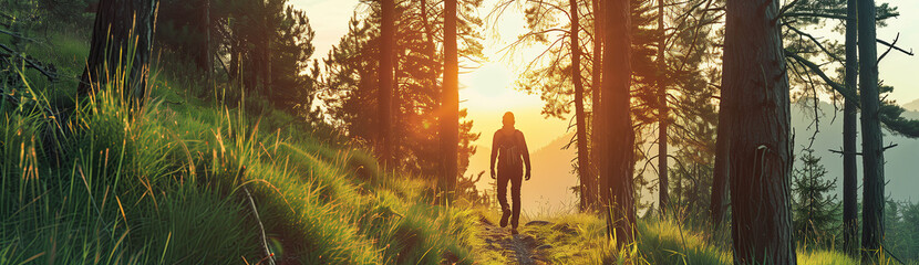 a man trail hiking in the forest at sunset