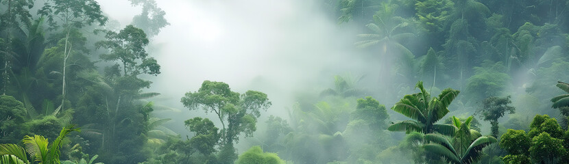 Tropical rainforest forest in morning fog