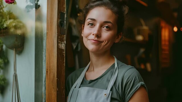 happy owner standing at the door of cefe shop, a cheerful adult waiter waiting for customers at a coffee shop, successful small business owner, professional, service