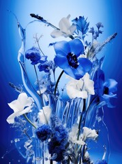 A ceramic vase displaying an assortment of fresh blue and white flowers.