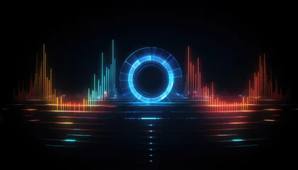 Poster The musical symbol of the circular audio equalizer. Sound wave vector icon. Illustration isolated on dark background. Abstract digital wave of circle line particles. Futuristic modern background © ribelco