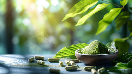 Mitragyna speciosa (kratom) leaves with medicinal products in the form of capsules with natural light and blurred background