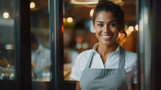 happy owner standing at the door of cefe shop, a cheerful adult waiter waiting for customers at a coffee shop, successful small business owner, professional, service